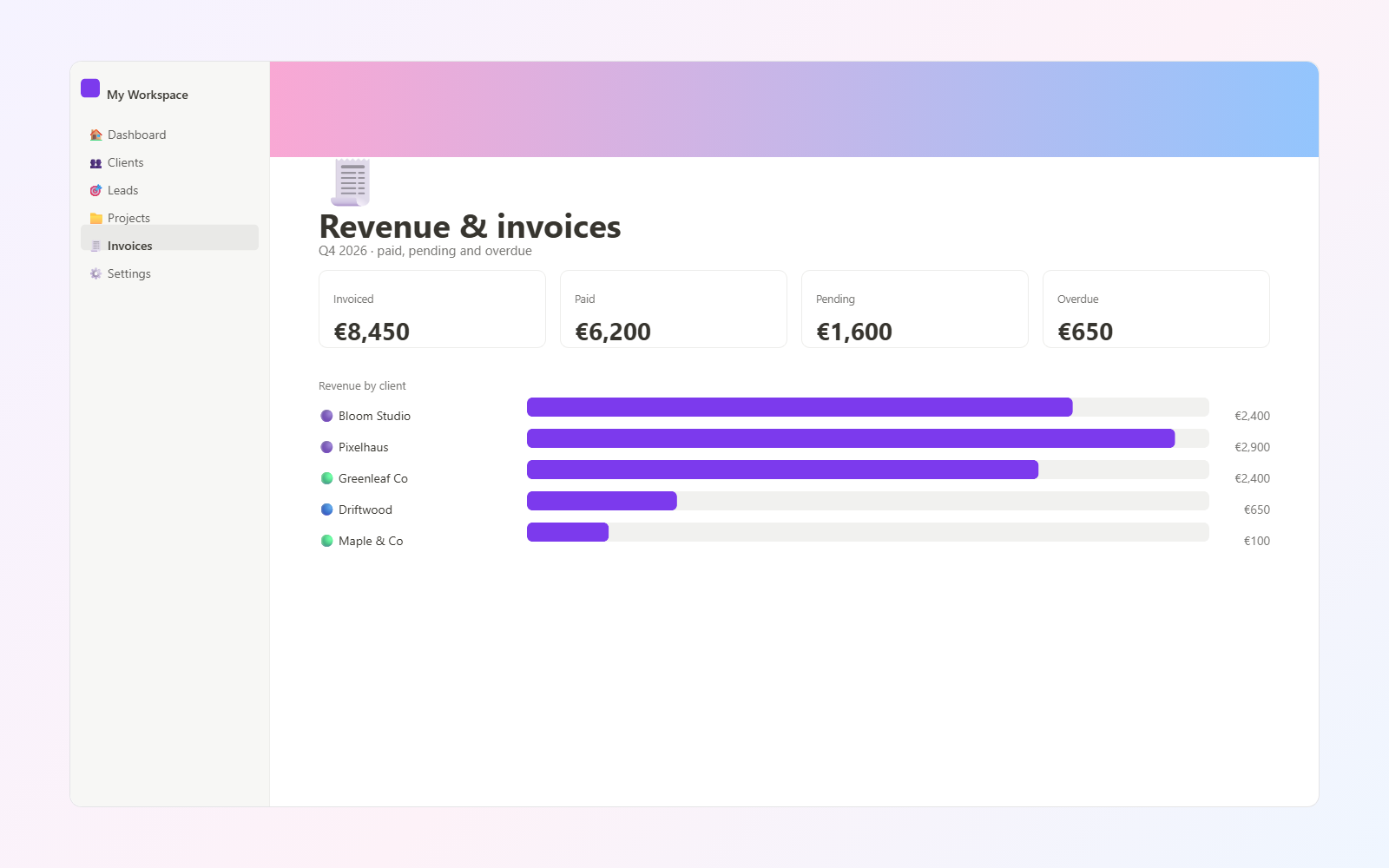 Client CRM for Freelancers — Revenue & invoices