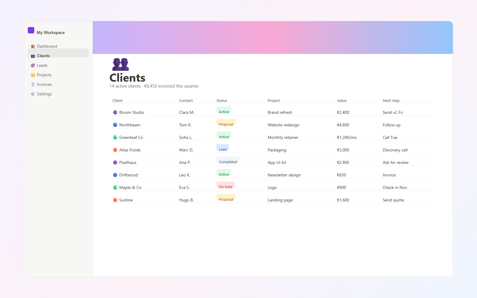 Client CRM for Freelancers — view 2