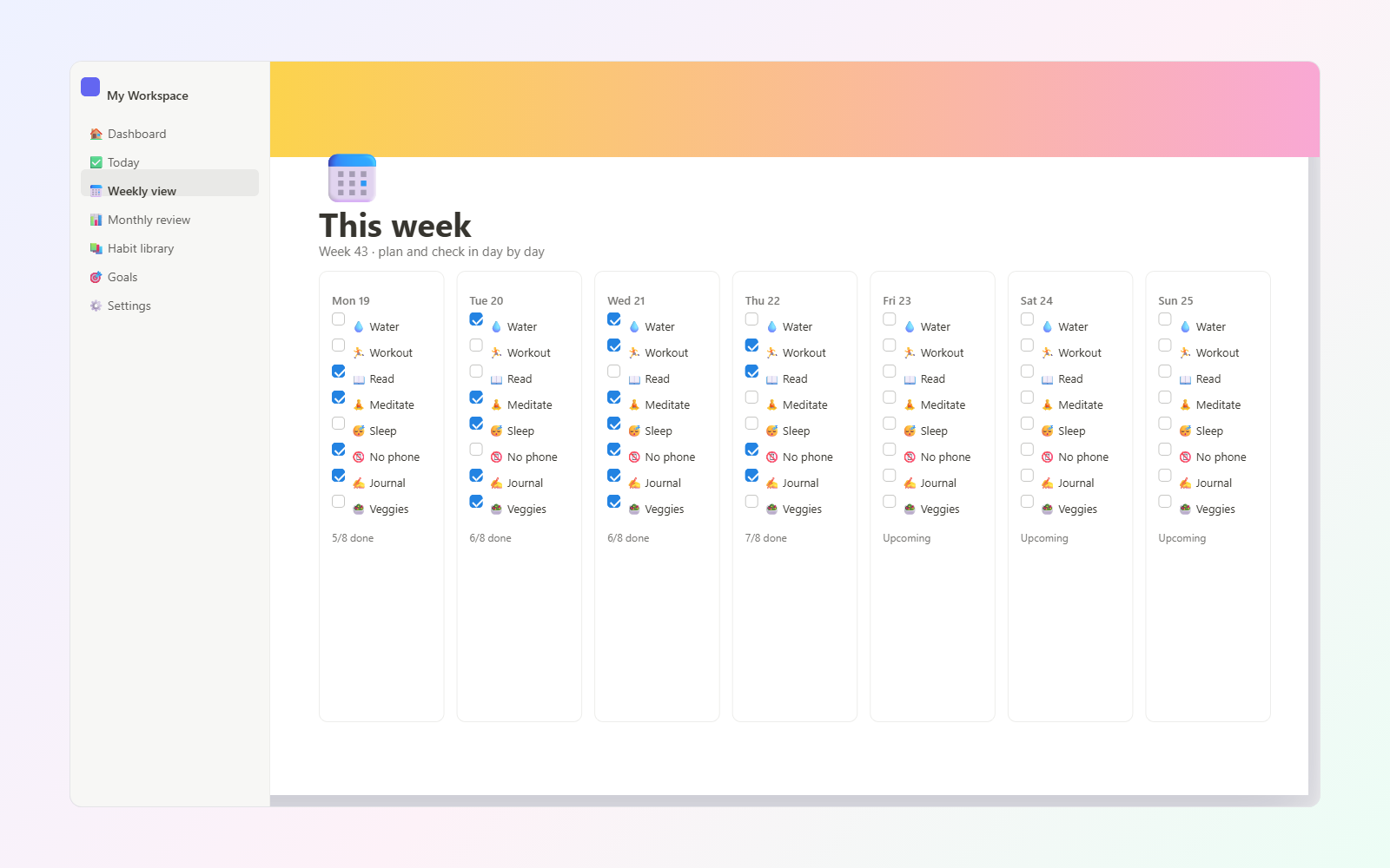 Daily Habit Tracker — Weekly view