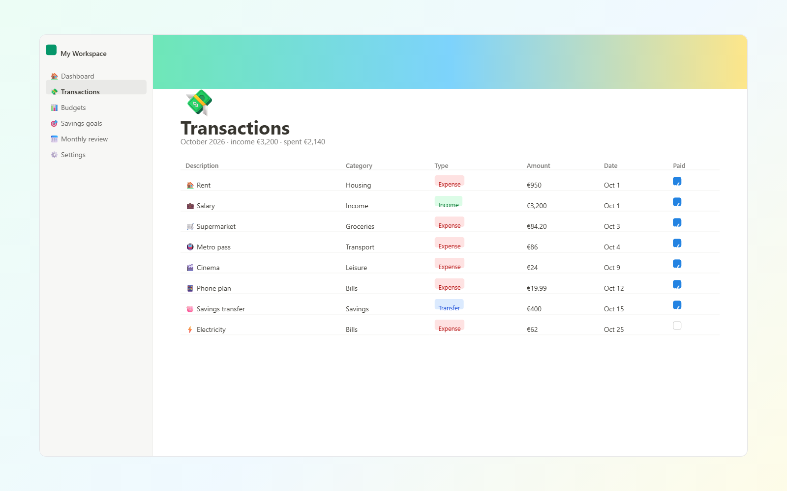 Personal Budget Tracker — view 2